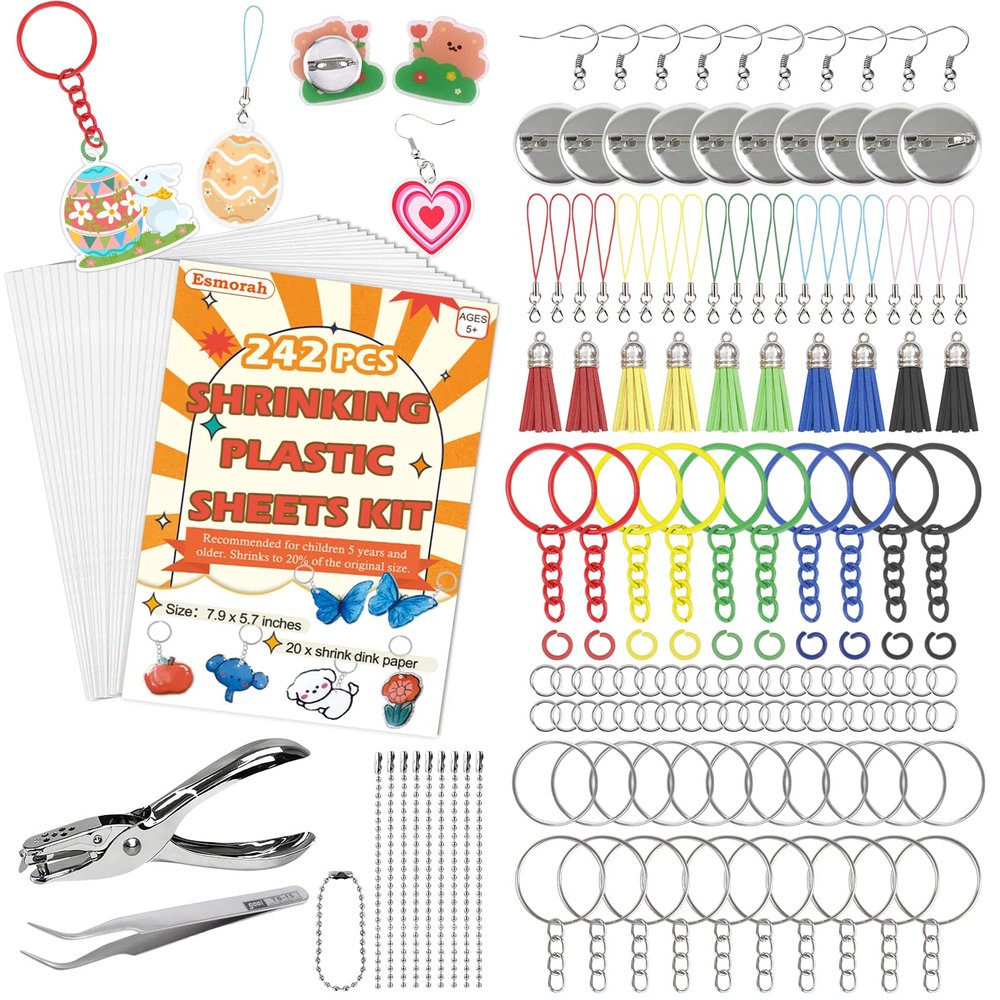 242PCS Shrink Dink Sheets Keychain Kit, with 20 Sheets 7.9"x5.7" Shrink Art Paper with Ear Hooks, Brooches Ideal for Kids & Adults DIY Crafts, Back-to-School, Valentine's Day, Easter Ornaments & Gift