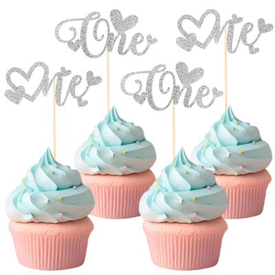 12 PCS Silver One Cupcake Toppers with Glitter Love Heart Cupcake Decoration for First Valentine's Day Baby Baptism Children 1st Birthday Party Cake Decorating Supplies