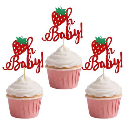 12 PCS Strawberry Oh Baby Cupcake Decorations, Strawberry Birthday Party Cupcake Toppers for Boys or Girls Birthday Parties Cupcake Decor Supplies