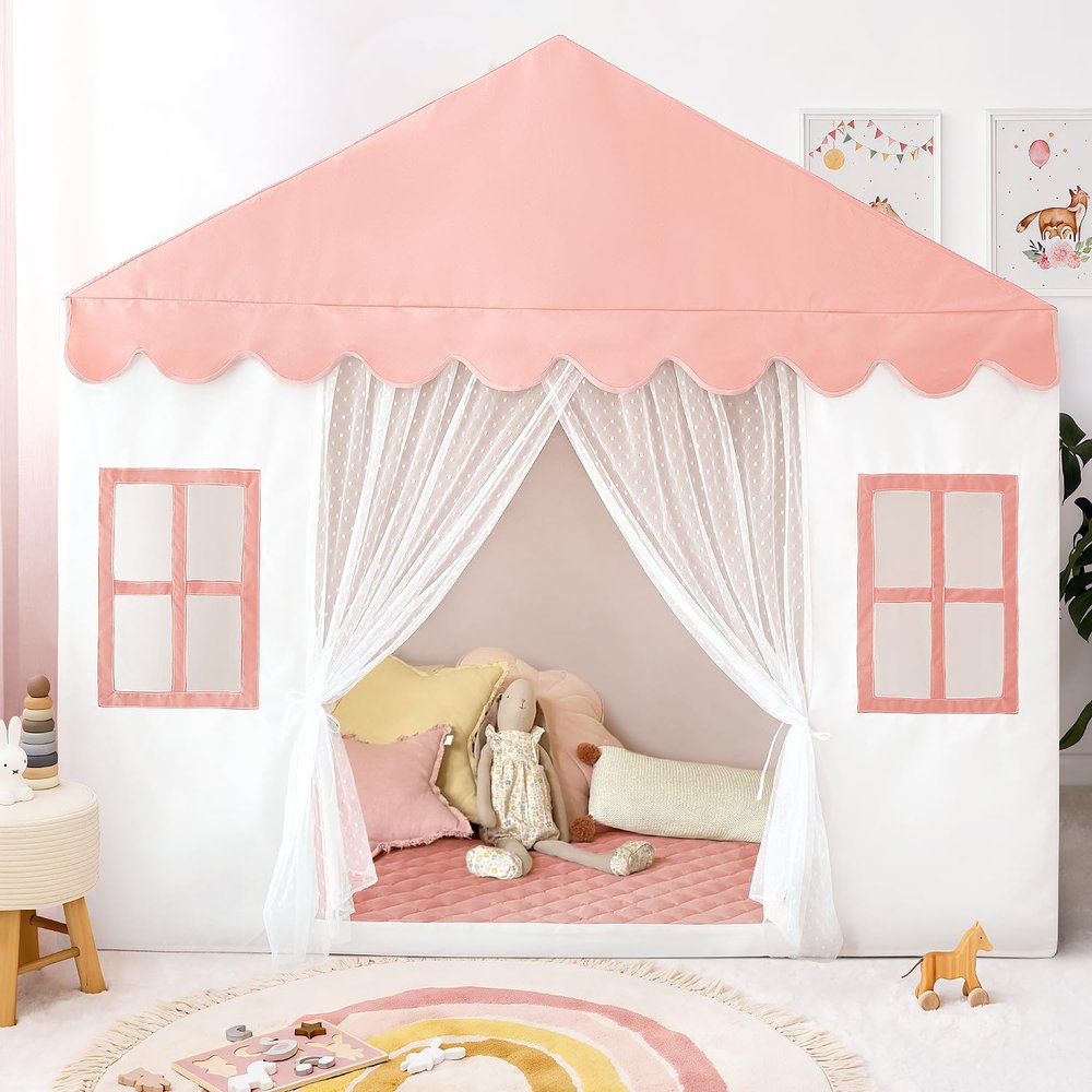 Kids Play Tent with Mat, Large Playhouse Play Tent Indoor for Girls, Kids Tent Toys for Toddlers Children Play House for Birthday Toy House Gift (Pink)