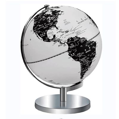 Elegant 9.8" World Globe with Chrome Metal Base, LED Lighting, Black & White, en Stand