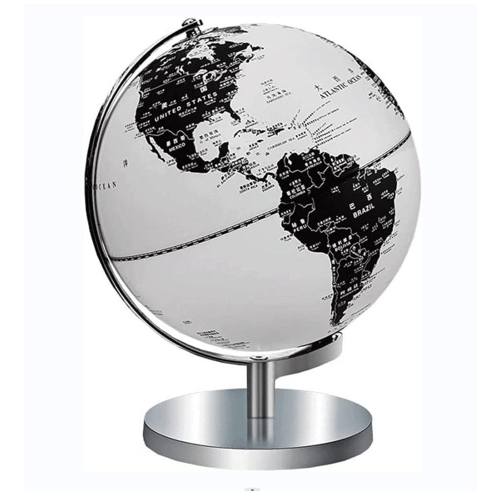Elegant 9.8" World Globe with Chrome Metal Base, LED Lighting, Black & White, en Stand