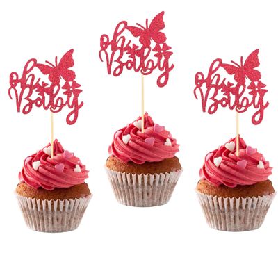 12 PCS Rose Red Butterfly Oh Baby Cupcake Toppers Butterfly Themed Birthday Party Cupcake Decoration for Baby Shower Kids Birthday Parties Cupcake Decorations Supplies