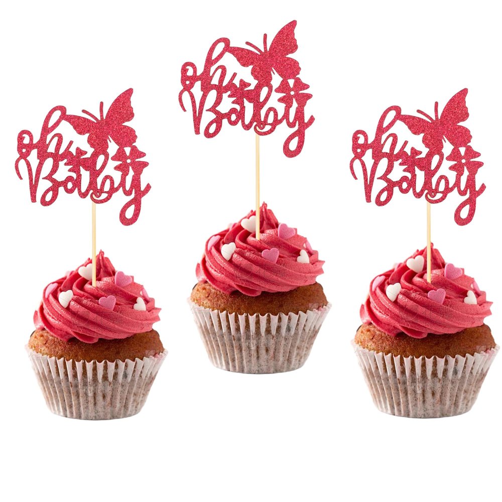 12 PCS Rose Red Butterfly Oh Baby Cupcake Toppers Butterfly Themed Birthday Party Cupcake Decoration for Baby Shower Kids Birthday Parties Cupcake Decorations Supplies