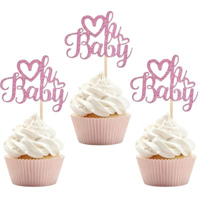 12 PCS Oh Baby Cupcake Topper with Pink Glitter Love Cupcake Decoration for Valentine's Day Baby Shower Kids Birthday Party Cake Decorating Supplies