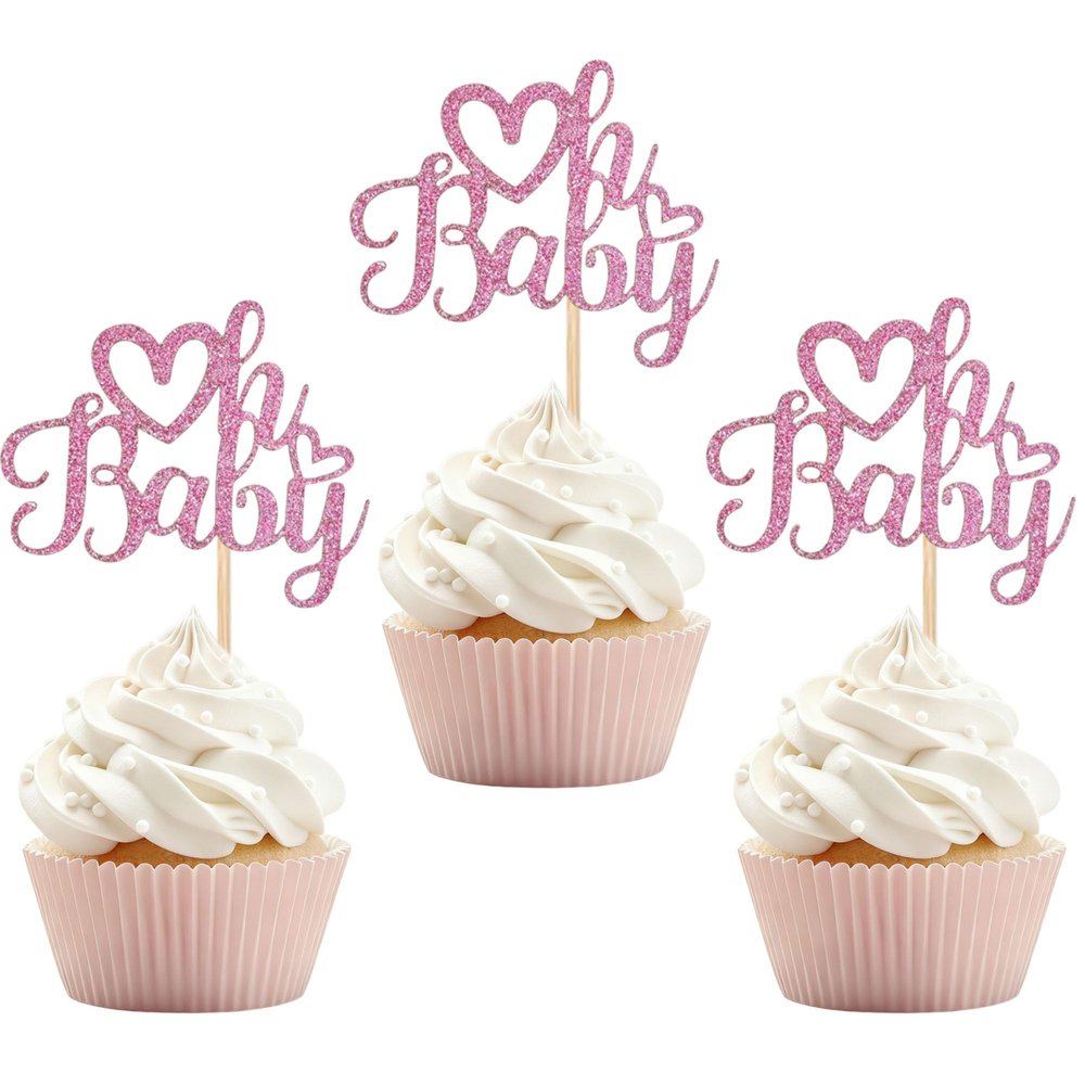 12 PCS Oh Baby Cupcake Topper with Pink Glitter Love Cupcake Decoration for Valentine's Day Baby Shower Kids Birthday Party Cake Decorating Supplies
