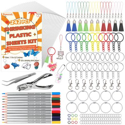 242PCS Shrink Dink Sheet Keychain Kit, with 20 Sheets Shrink Art Paper 7.9"x5.7", Color Pencils  Ideal for Kids & Adults DIY Crafts Keychain Making for Mother's Day, Father's Day, Easter Gifts