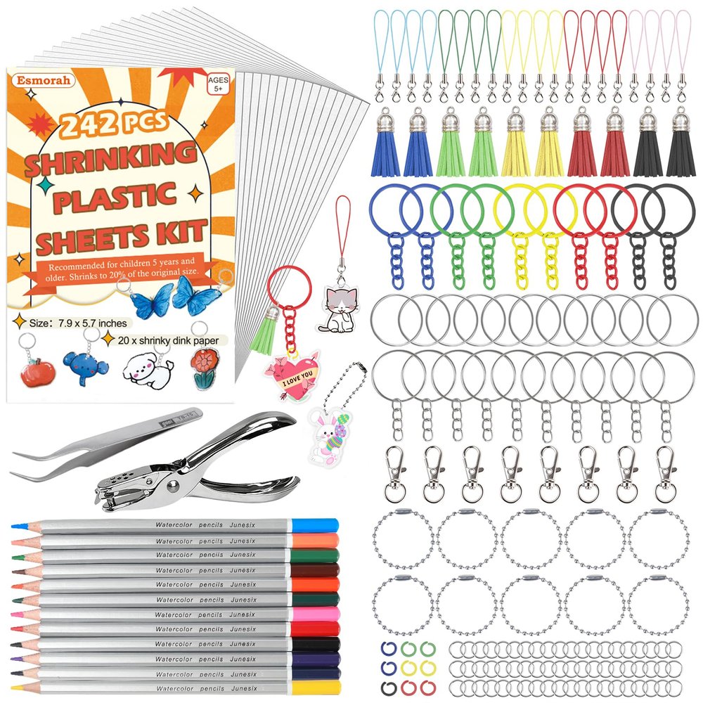 242PCS Shrink Dink Sheet Keychain Kit, with 20 Sheets Shrink Art Paper 7.9"x5.7", Color Pencils  Ideal for Kids & Adults DIY Crafts Keychain Making for Mother's Day, Father's Day, Easter Gifts