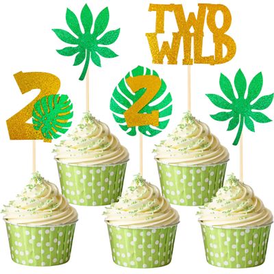 12-Pack Gold Two Wild Cupcake Toppers with Glitter Monstera Leaves 2nd Birthday Cupcake Decor Jungle Safari Themed Birthday Party Supplies