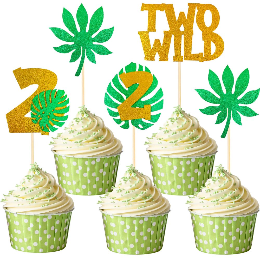 12-Pack Gold Two Wild Cupcake Toppers with Glitter Monstera Leaves 2nd Birthday Cupcake Decor Jungle Safari Themed Birthday Party Supplies