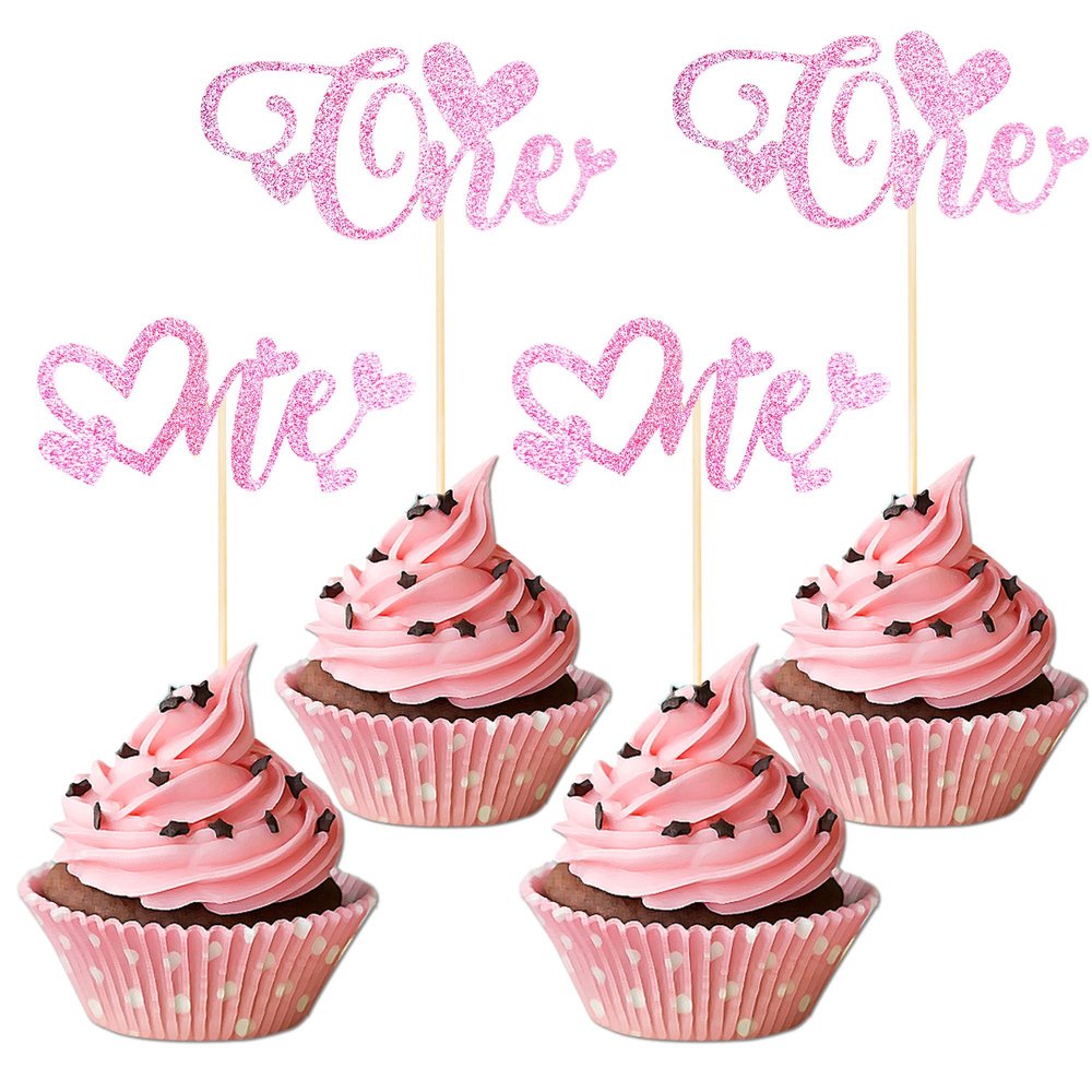 12 PCS Pink One Cupcake Toppers with Glitter Love Heart Cupcake Decoration for First Valentine's Day Baby Baptism Children 1st Birthday Party Cake Decorating Supplies