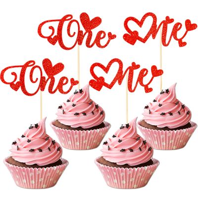 12 PCS Red One Cupcake Toppers with Glitter Love Heart Cupcake Decoration for First Valentine's Day Baby Baptism Children 1st Birthday Party Cake Decorating Supplies