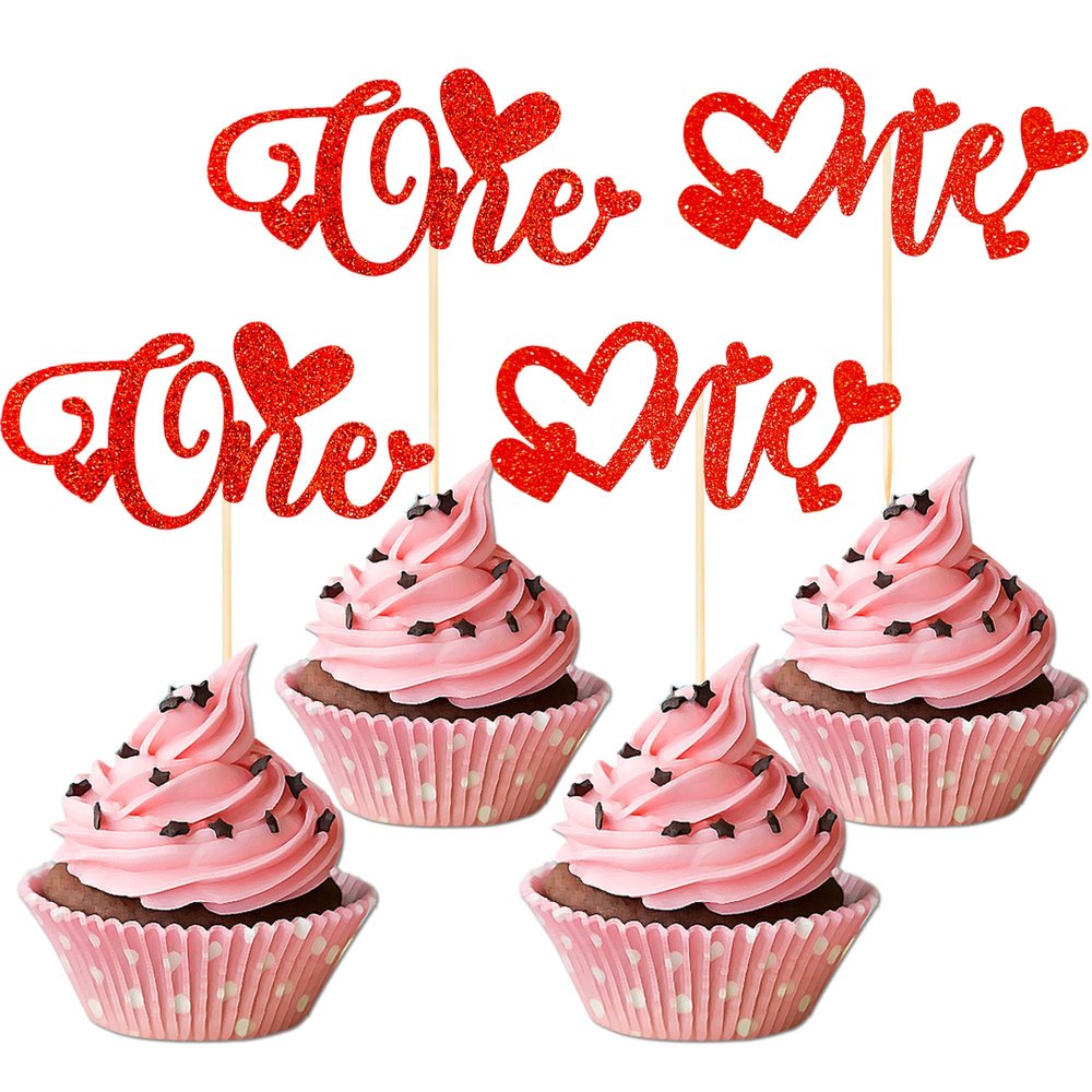 12 PCS Red One Cupcake Toppers with Glitter Love Heart Cupcake Decoration for First Valentine's Day Baby Baptism Children 1st Birthday Party Cake Decorating Supplies