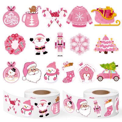 1000Pcs Pink Christmas Stickers Rolls Xmas Tree Santa Claus Nutcracker Snowman Self-Adhesive Decals Winter Wonderland Festive Holiday Party Favors DIY Crafts Gift Bottles Scrapbook Decor, 16 Designs