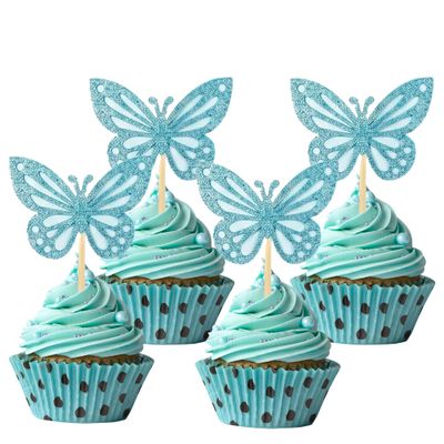 12 PCS Butterfly Cupcake Toppers Blue Glitter Double Layer 3D Butterfly Cake Decor for Wedding Anniversary Birthday Party Decoration
