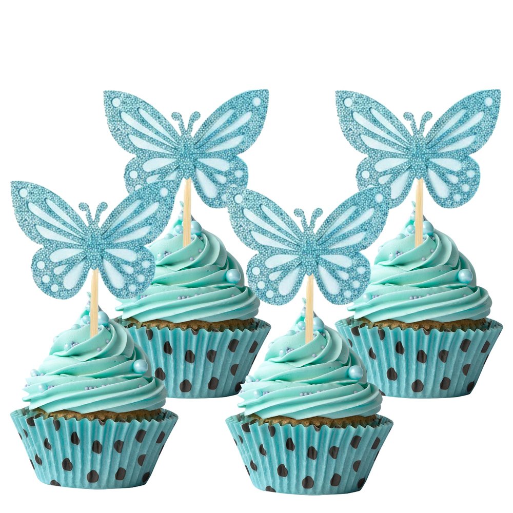 12 PCS Butterfly Cupcake Toppers Blue Glitter Double Layer 3D Butterfly Cake Decor for Wedding Anniversary Birthday Party Decoration