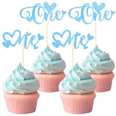 12 PCS Blue One Cupcake Toppers with Glitter Love Heart Cupcake Decoration for First Valentine's Day Baby Baptism Children 1st Birthday Party Cake Decorating Supplies