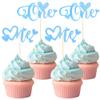 12 PCS Blue One Cupcake Toppers with Glitter Love Heart Cupcake Decoration for First Valentine's Day Baby Baptism Children 1st Birthday Party Cake Decorating Supplies view 1