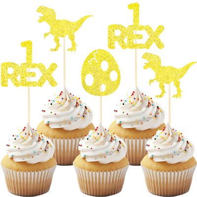 12 Pack Glitter Dinosaur Cupcake Toppers - Gold 1 Rex Dinosaur Cupcake Picks for Dinosaur Themed Baby Showers and First Year Birthday Party Cake Decorations.
