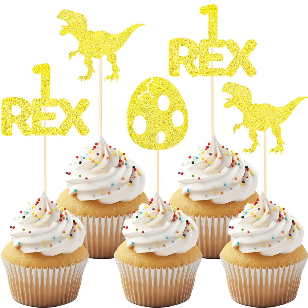 12 Pack Glitter Dinosaur Cupcake Toppers - Gold 1 Rex Dinosaur Cupcake Picks for Dinosaur Themed Baby Showers and First Year Birthday Party Cake Decorations.