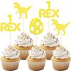 12 Pack Glitter Dinosaur Cupcake Toppers - Gold 1 Rex Dinosaur Cupcake Picks for Dinosaur Themed Baby Showers and First Year Birthday Party Cake Decorations. view 1