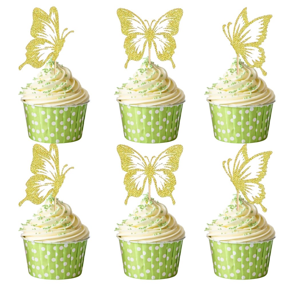 12 Pcs Butterfly Cupcake Toppers Gold Glitter Butterfly Cupcake Decor Elegant Cupcake Decorations for Baby Shower Birthday Party Wedding Dessert Tables Supplies