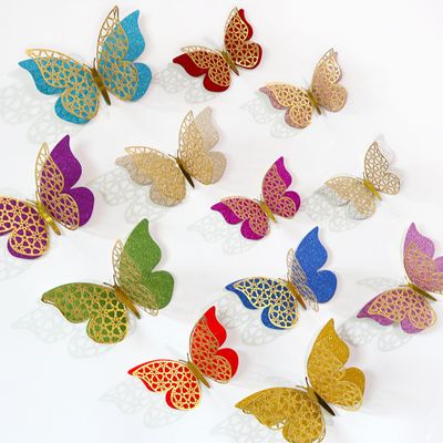 12 Pcs Colorful 3D Butterfly Cake Toppers Double-Layer Butterflies Cake Decor Elegant Hollow Cake Decorations for Wedding Birthday Party Supplies
