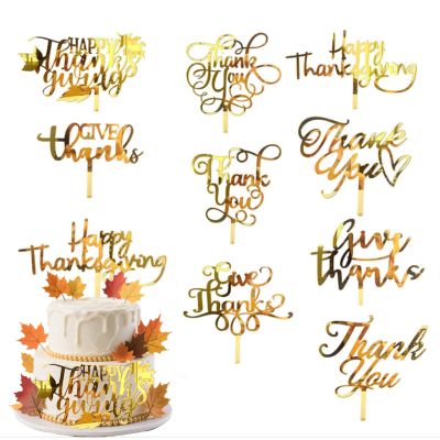 10 Pcs Happy Thanksgiving Cake Topper Fall Gold Acrylic Mirror Cupcake Topper for Thanksgiving Day Desser Cake Decorations