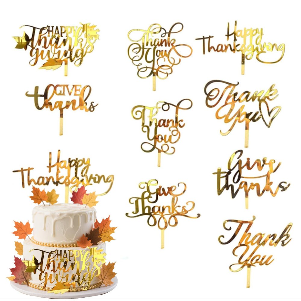 10 Pcs Happy Thanksgiving Cake Topper Fall Gold Acrylic Mirror Cupcake Topper for Thanksgiving Day Desser Cake Decorations