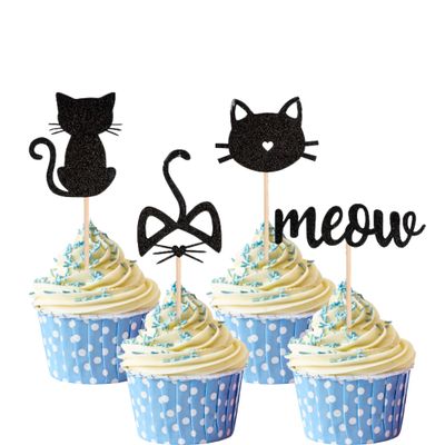 12-Piece Cute Black Glitter Cat Cupcake Toppers - "Meow" Cat Cupcake Decoration for Cat Lover Birthday & Baby Shower Cake Supplies