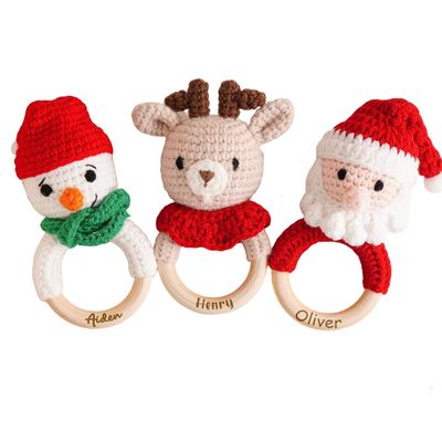 Personalized Baby Rattle, Custom Wooden Rattle Ring With Baby's Name or Date Handcrafted Crochet Bunny Rattles Newborn Gifts for Boy/Girl (StyleC)