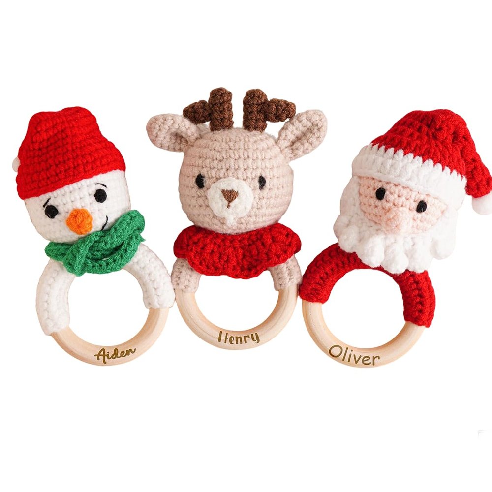 Personalized Baby Rattle, Custom Wooden Rattle Ring With Baby's Name or Date Handcrafted Crochet Bunny Rattles Newborn Gifts for Boy/Girl (StyleC)