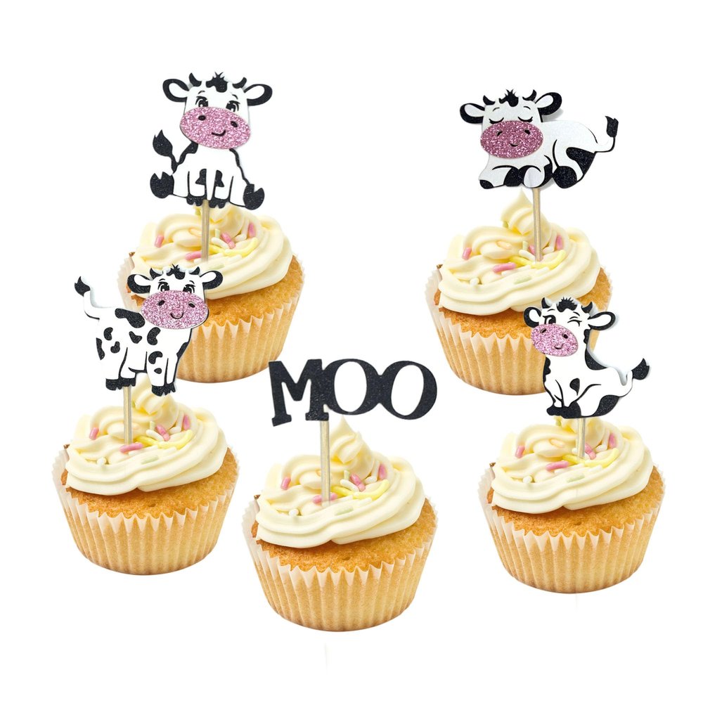 10Pcs Black Glitter Cow Cake Cupcake Decorations - Glitter Cow Moo Cupcake Toppers, Gender Reveal Theme Baby Shower Kids Boys Girls Birthday Party Cake Decorations Supplies