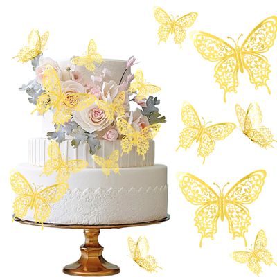12 Pcs Butterfly Cake Topper Set Gold 3D Butterfly Cake Decor Elegant Hollow Cake Decorations for Wedding Birthday Party Supplies