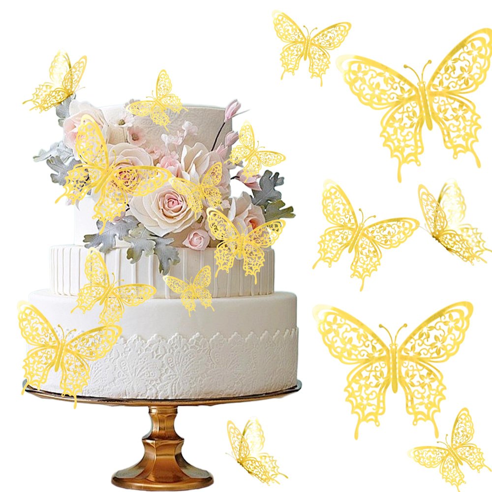12 Pcs Butterfly Cake Topper Set Gold 3D Butterfly Cake Decor Elegant Hollow Cake Decorations for Wedding Birthday Party Supplies