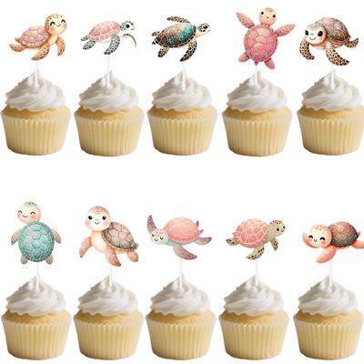 10-Piece Sea Turtle Cupcake Toppers Set - Ocean Theme Cupcake Decorations for Baby Shower, Gender Reveal, and 1st Birthday Parties for Boys Girls
