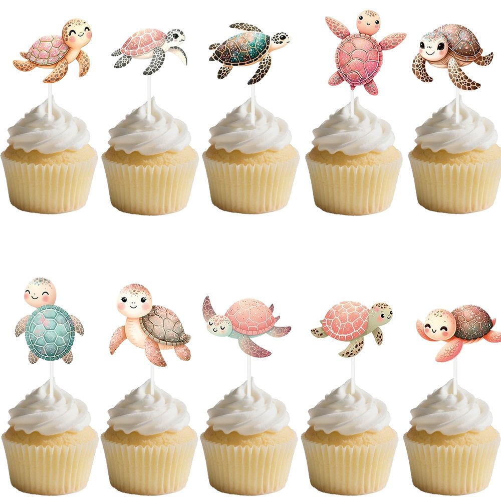 10-Piece Sea Turtle Cupcake Toppers Set - Ocean Theme Cupcake Decorations for Baby Shower, Gender Reveal, and 1st Birthday Parties for Boys Girls