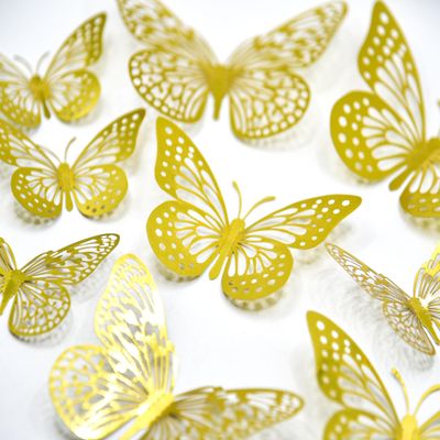 12 Pcs Gold Butterfly Cake Topper Set 3D Hollow-Out Butterfly Wall Decor Elegant Cake Decorations for Baby Shower Wedding Birthday Party Supplies