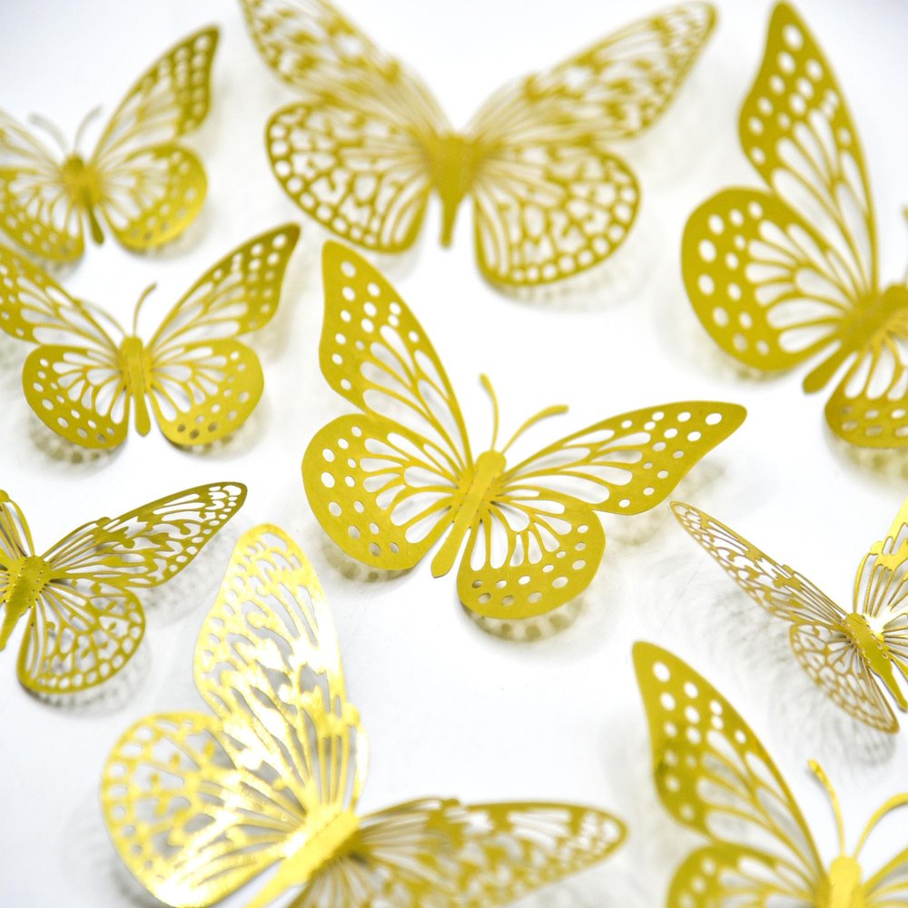 12 Pcs Gold Butterfly Cake Topper Set 3D Hollow-Out Butterfly Wall Decor Elegant Cake Decorations for Baby Shower Wedding Birthday Party Supplies