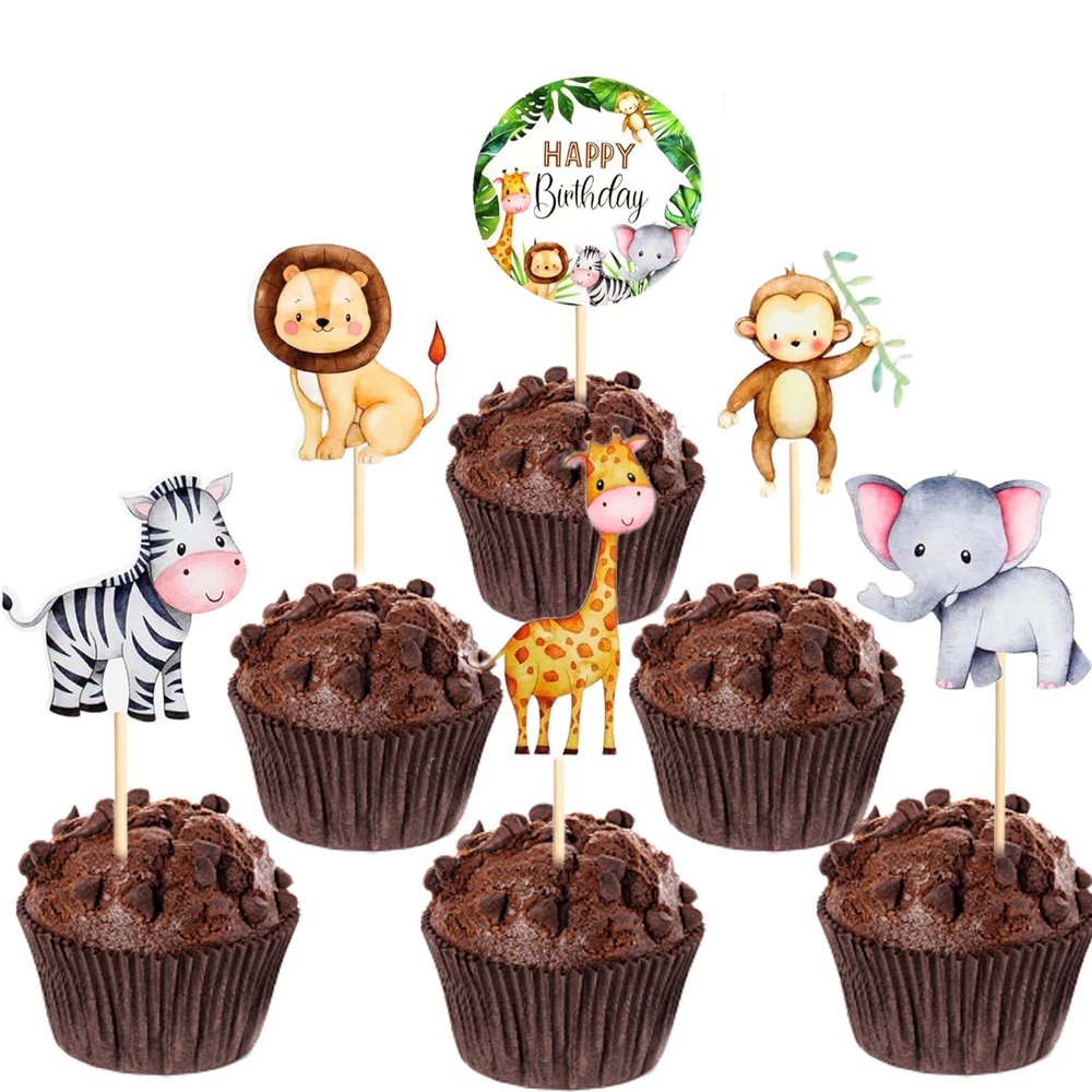 12 Piece Jungle Cupcake Toppers - Safari Animal Wild Theme Decoration, 6 Styles for Jungle Baby Shower & Safari Party Decorations