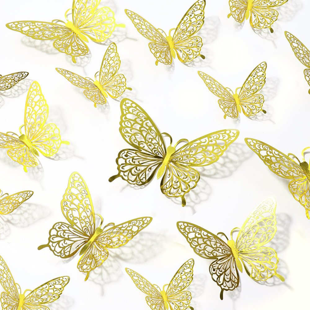 12 Pcs Butterfly Cake Toppers 3D Butterfly Wall Stickers Gold Butterfly Decorations for Birthday Party Baby Shower Wedding Cake Decor Wall Art Interior Decoration Kids Bedroom Party Supplies