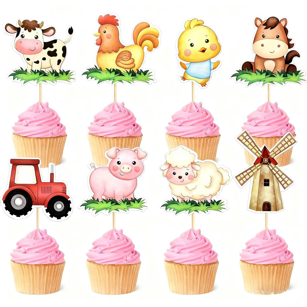 16 PCS Farm Theme Birthday Cupcake Topper, Farm Party Decorations for Farm Themed Birthday Parties Or Baby Showers Party Decorations