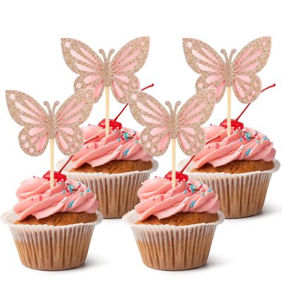 12 Pcs Butterfly Cupcake Toppers Rose Gold Glitter Cake Decor Elegant Double-Tier Butterfly Cake Decorations for Baby Shower Tea Party Birthday Party Supplies