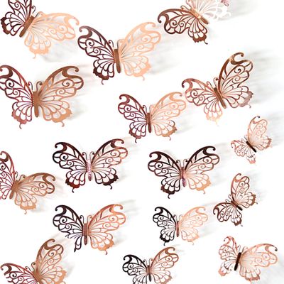 12 Pcs Butterfly Cake Topper Set Elegant Hollow 3D Butterfly Cake Decor Rose Gold Cake Decorations for Baby Shower Wedding Birthday Party Supplies