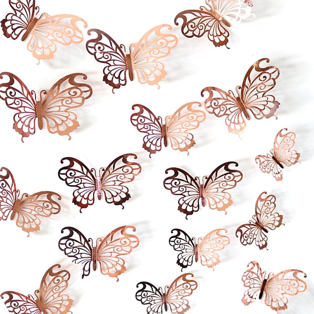 12 Pcs Butterfly Cake Topper Set Elegant Hollow 3D Butterfly Cake Decor Rose Gold Cake Decorations for Baby Shower Wedding Birthday Party Supplies