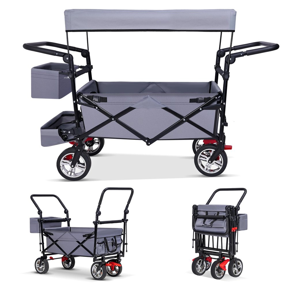 Foldable Wagons with Removable Canopy, Reversible Handlebar, 220lbs Weight Capacity, Folding Wagon for Ages 1+ Years Suitable for Family Travel, Cargo