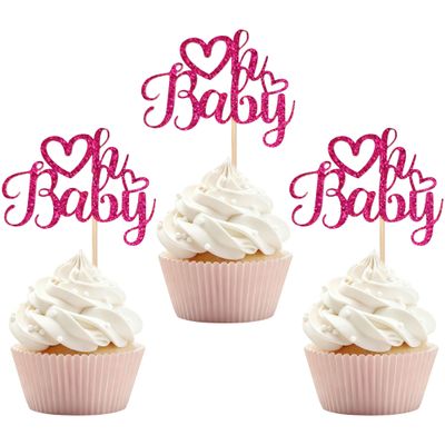 12 PCS Oh Baby Cupcake Topper with Rose Red Glitter Love Cupcake Decoration for Valentine's Day Baby Shower Kids Birthday Party Cake Decorating Supplies