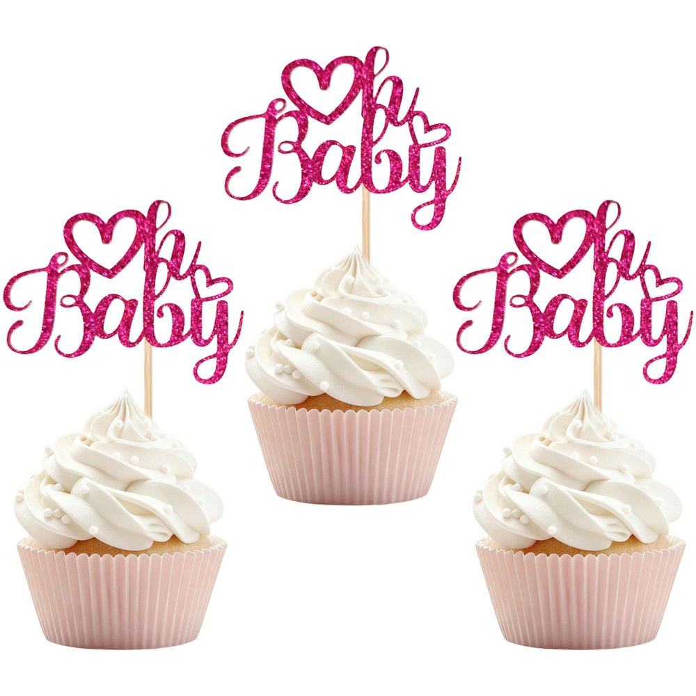 12 PCS Oh Baby Cupcake Topper with Rose Red Glitter Love Cupcake Decoration for Valentine's Day Baby Shower Kids Birthday Party Cake Decorating Supplies