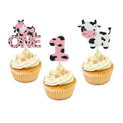 12 Pieces One Cow Cupcake Toppers - Pink Glitter Cow Themed Cupcake Decor, Perfect for Boy and Girl Cupcake Toppers for Baby Showers