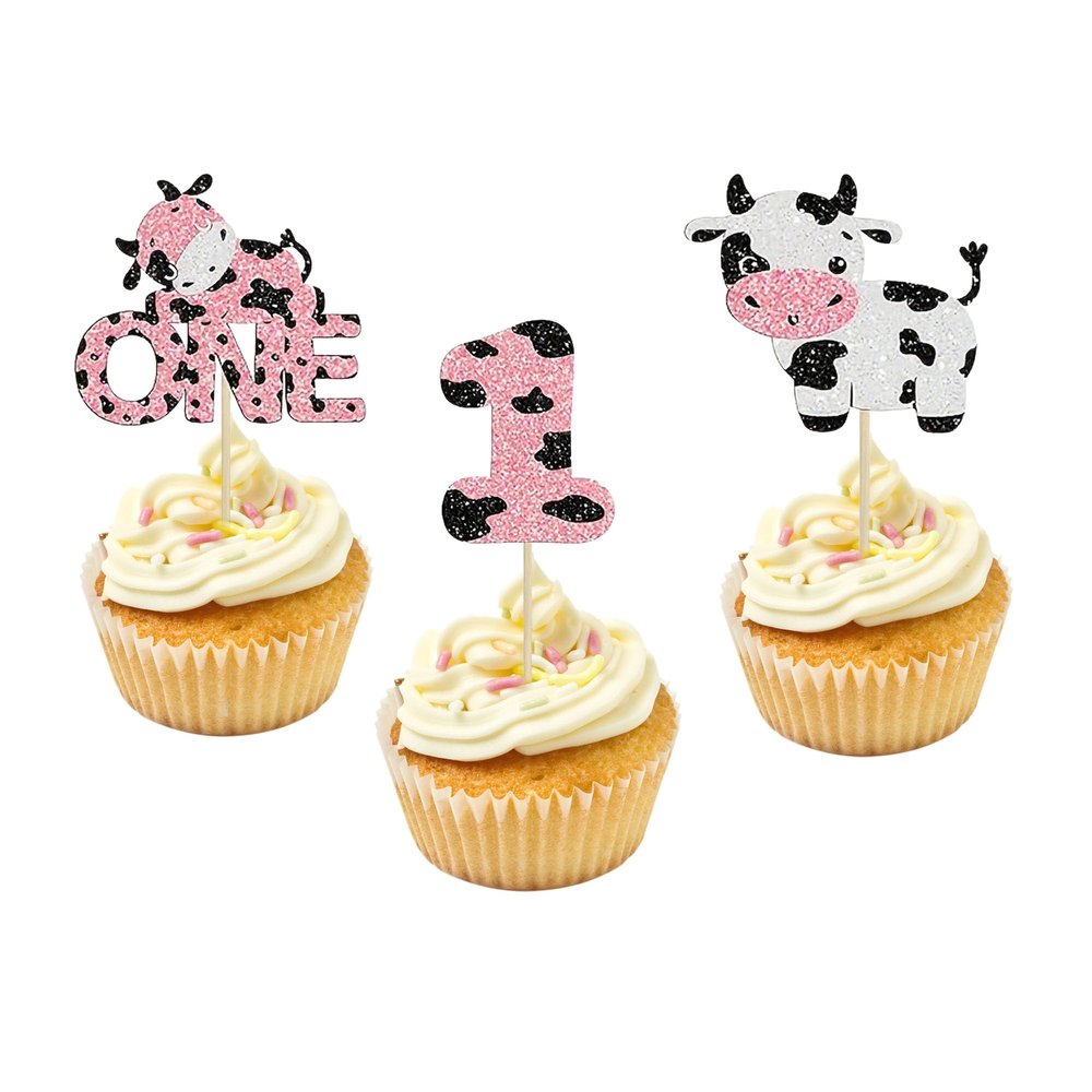 12 Pieces One Cow Cupcake Toppers - Pink Glitter Cow Themed Cupcake Decor, Perfect for Boy and Girl Cupcake Toppers for Baby Showers